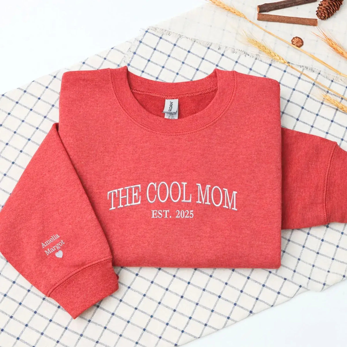 Personalized cool mom sweatshirt with kids names embroidered on sleeve custom gift for mom or wife