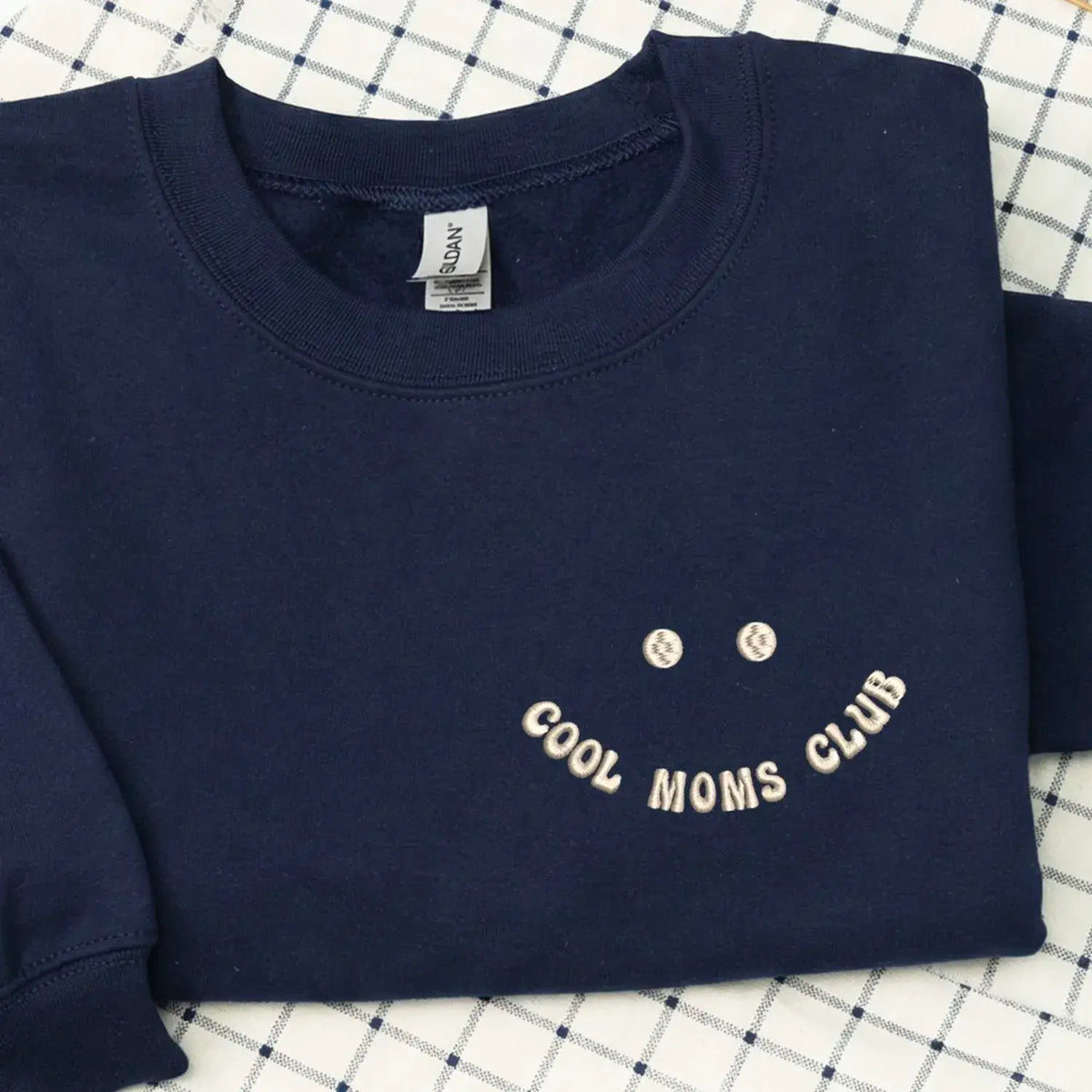 Personalized Cool Moms Club sweatshirt with kids names embroidered on a cozy custom mom gift sweatshirt