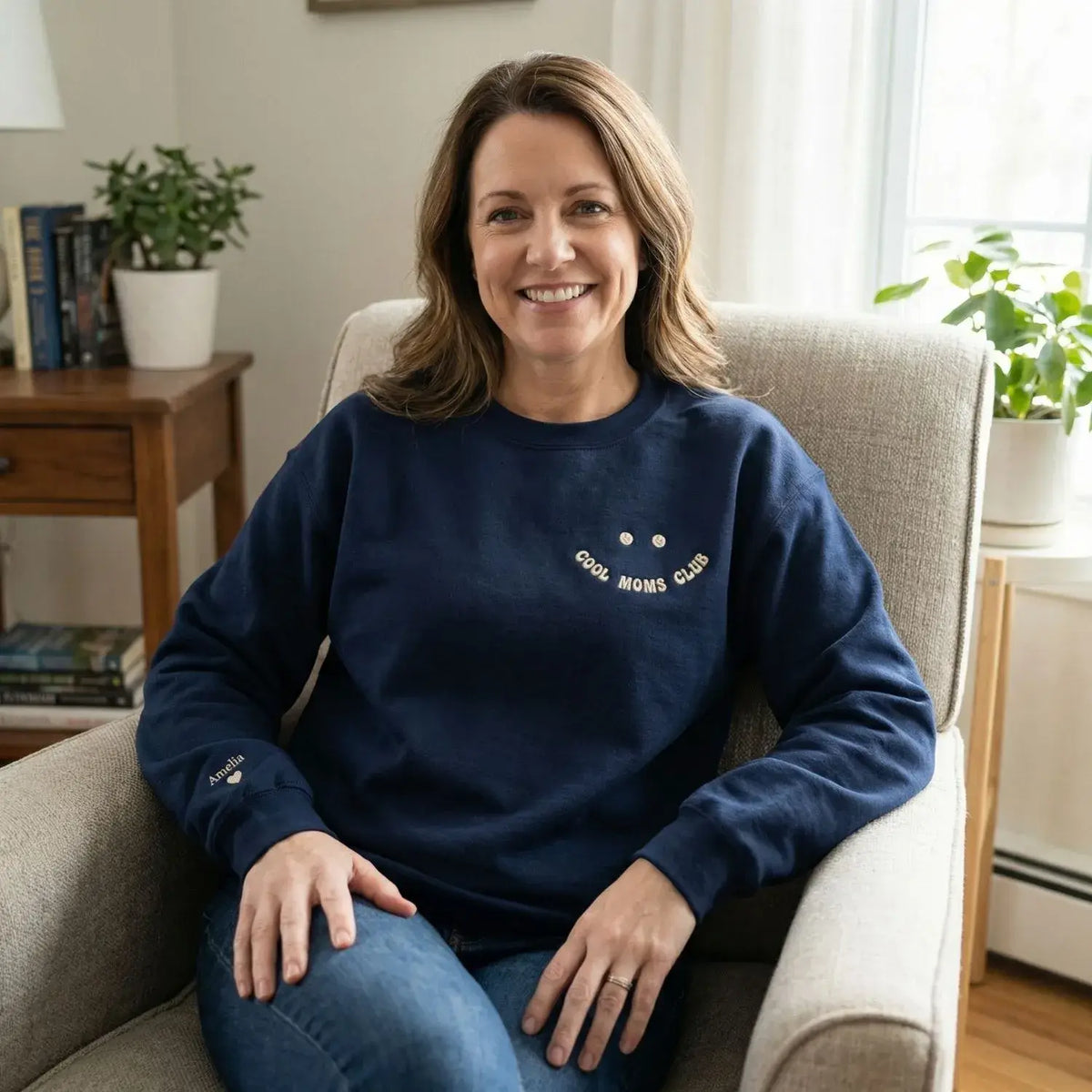 Personalized Cool Moms Club sweatshirt with kids names embroidered on a cozy custom mom gift sweatshirt