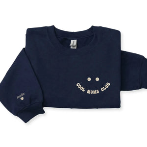 Personalized Cool Moms Club sweatshirt with kids names embroidered on a cozy custom mom gift sweatshirt