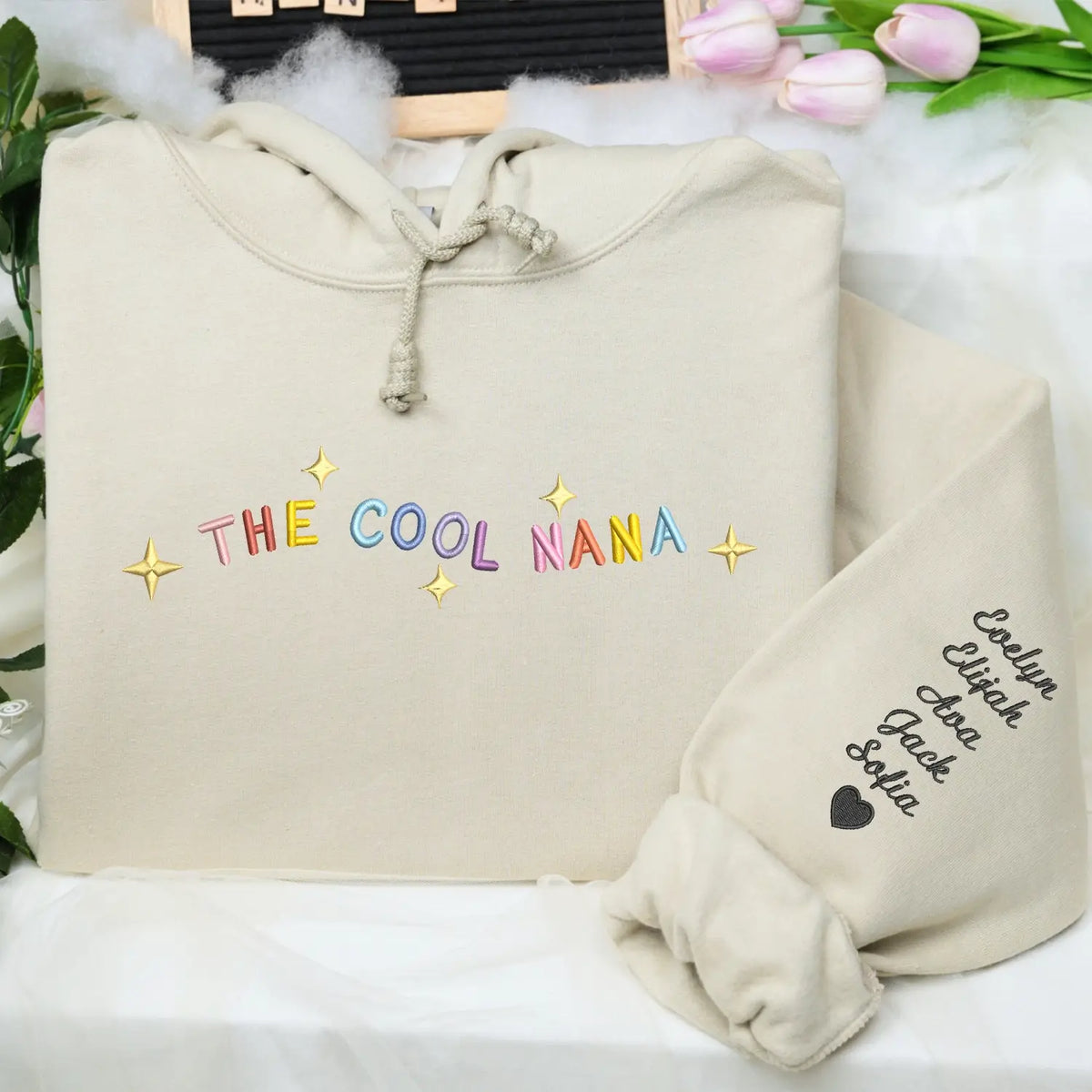 Custom cool mama sweatshirt with embroidered mama text and child name on sleeve personalized gift for mom