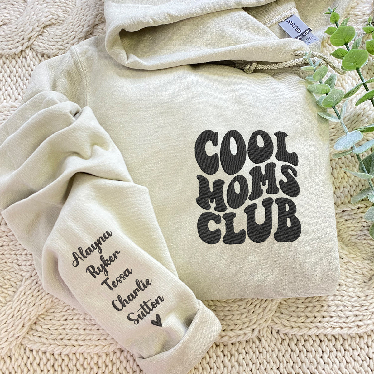 Cool Mom Club Sweatshirt or Hoodie with Embroidered Kids Names on Slee