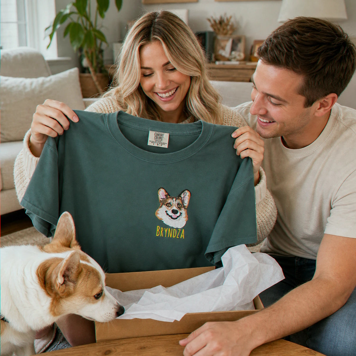 Custom Corgi Portrait T-Shirt for Dog Lover - Embroidered Pet Photo Full Color Tee & Name for Dog Parent