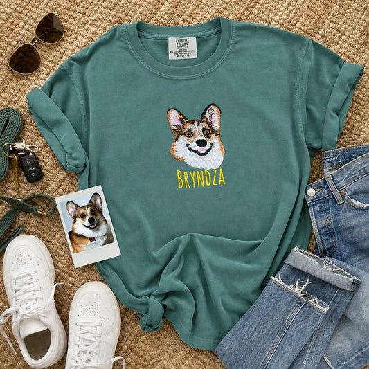 Custom Corgi Portrait T-Shirt for Dog Lover - Embroidered Pet Photo Full Color Tee & Name for Dog Parent