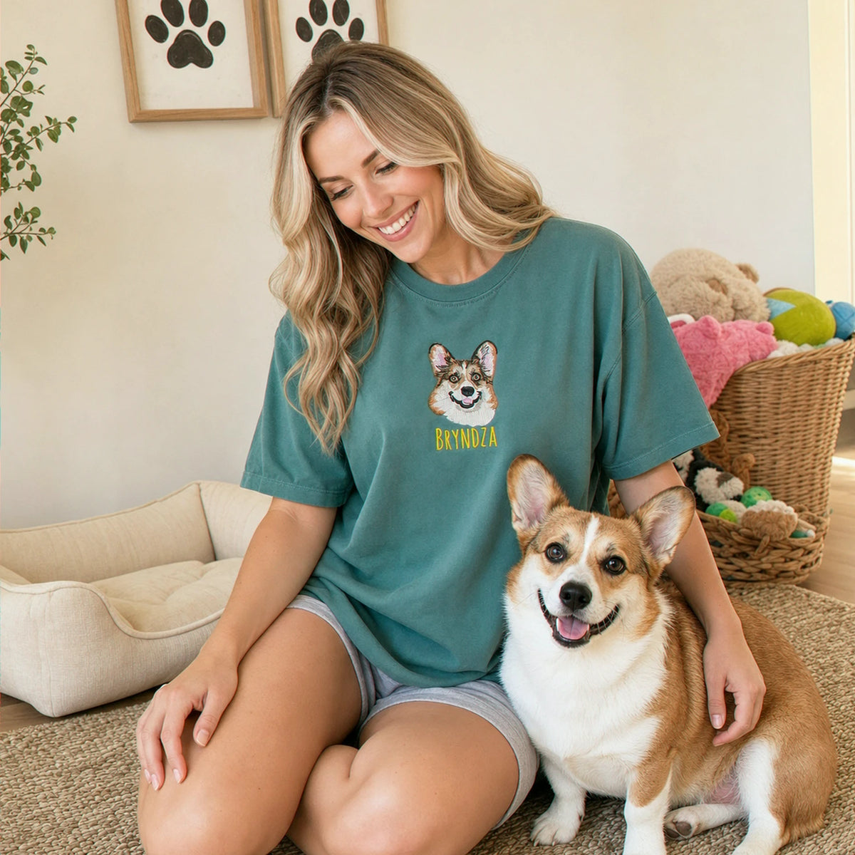 Custom Corgi Portrait T-Shirt for Dog Lover - Embroidered Pet Photo Full Color Tee & Name for Dog Parent