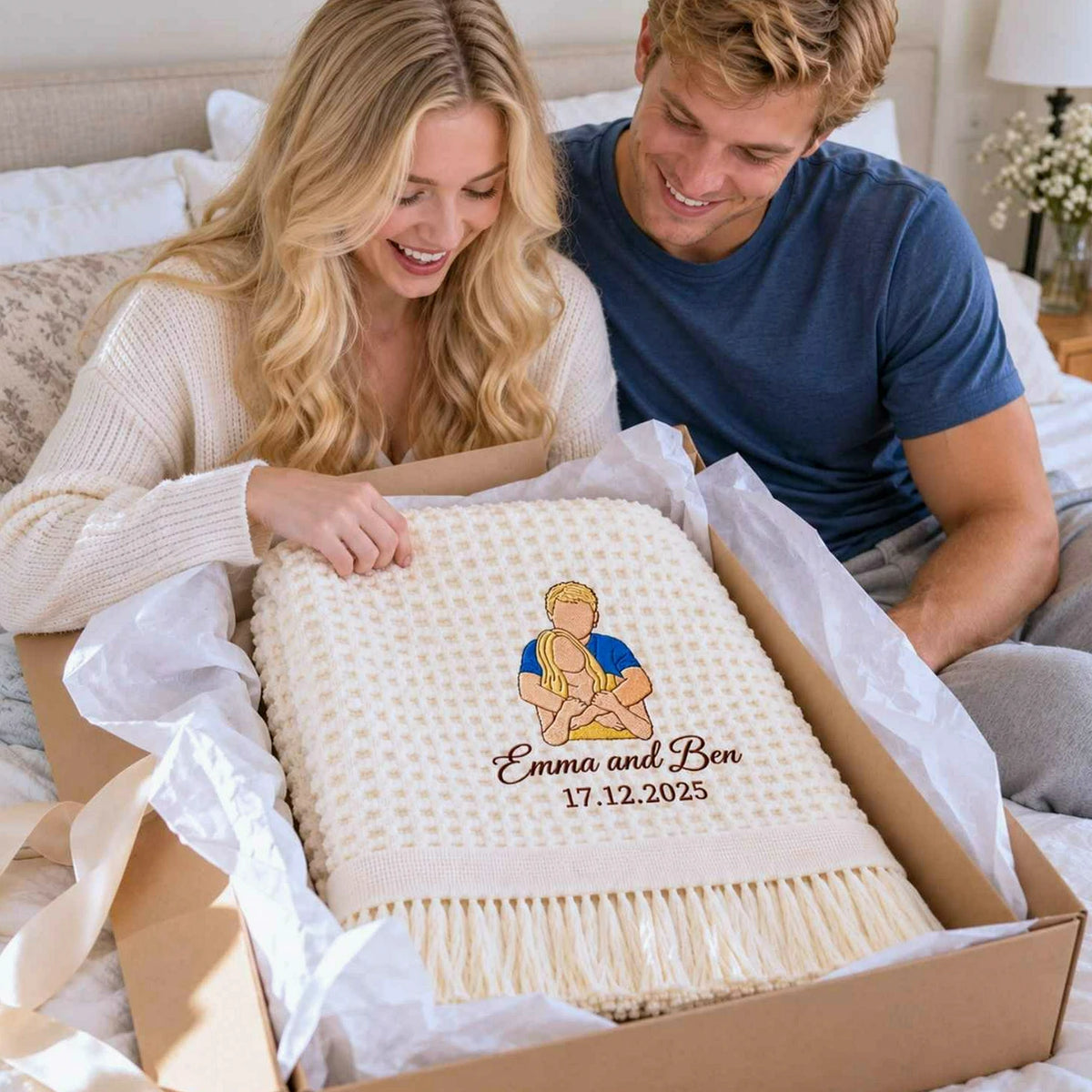 Custom Couple Portrait from Photo Blanket, Embroidered Boyfriend and Girlfriend Quilt, Anniversary Gift for Her