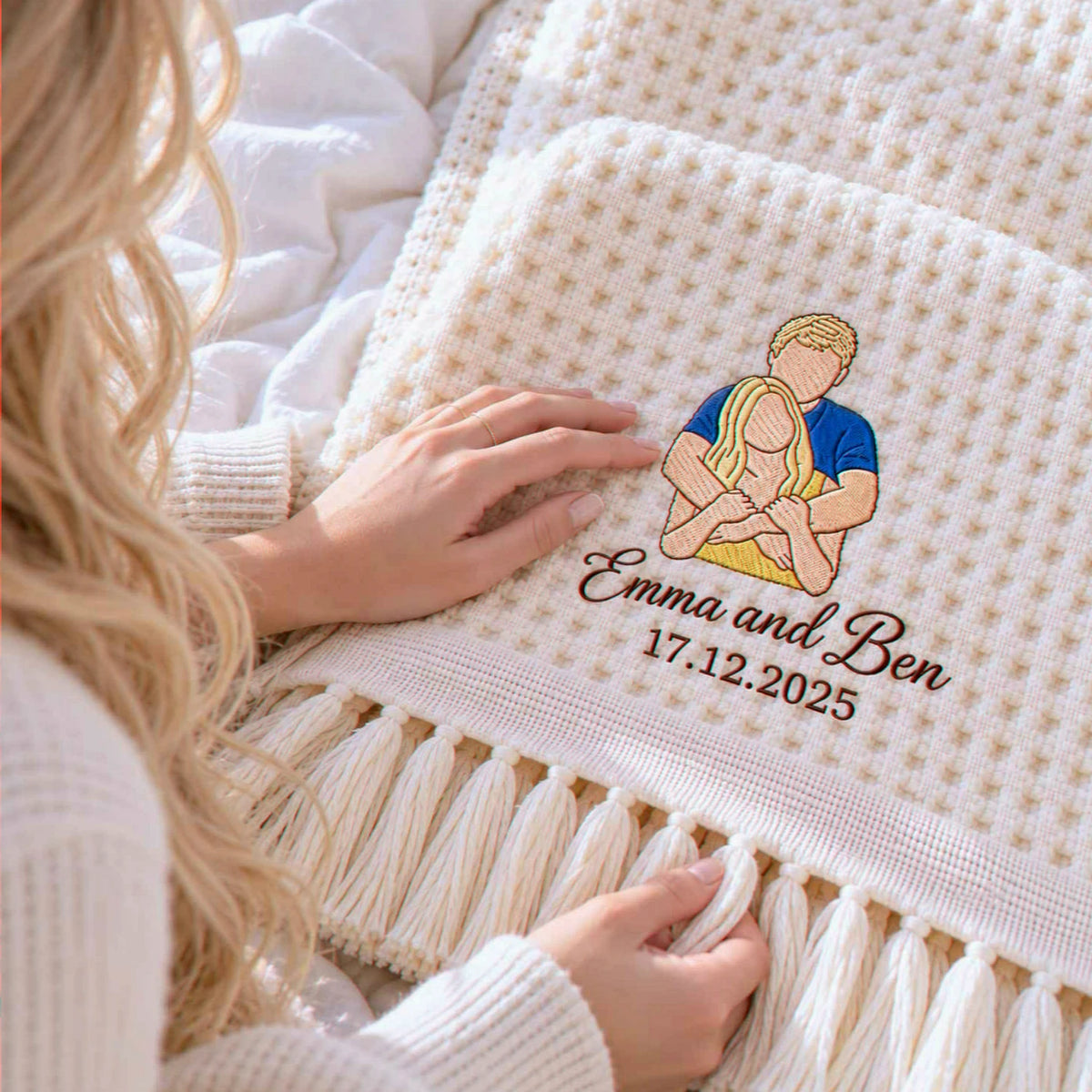 Custom Couple Portrait from Photo Blanket, Embroidered Boyfriend and Girlfriend Quilt, Anniversary Gift for Her