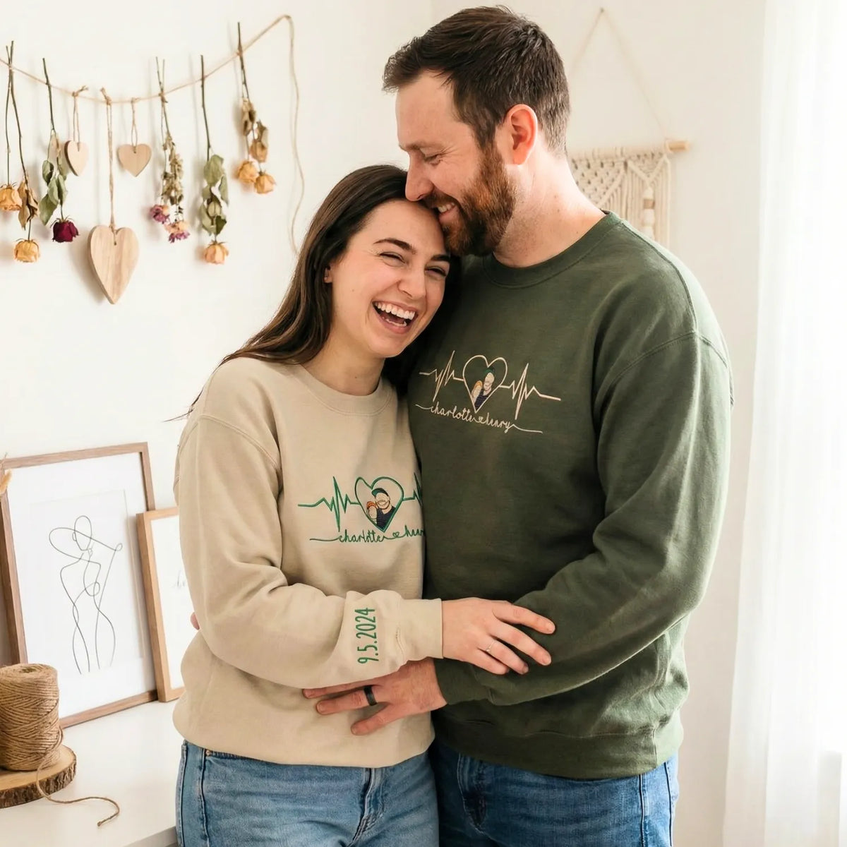 Heartbeat Hoodie or Sweatshirt, Custom Embroidered for Couples Gift with Roman Numeral, Your Photo, Est Year