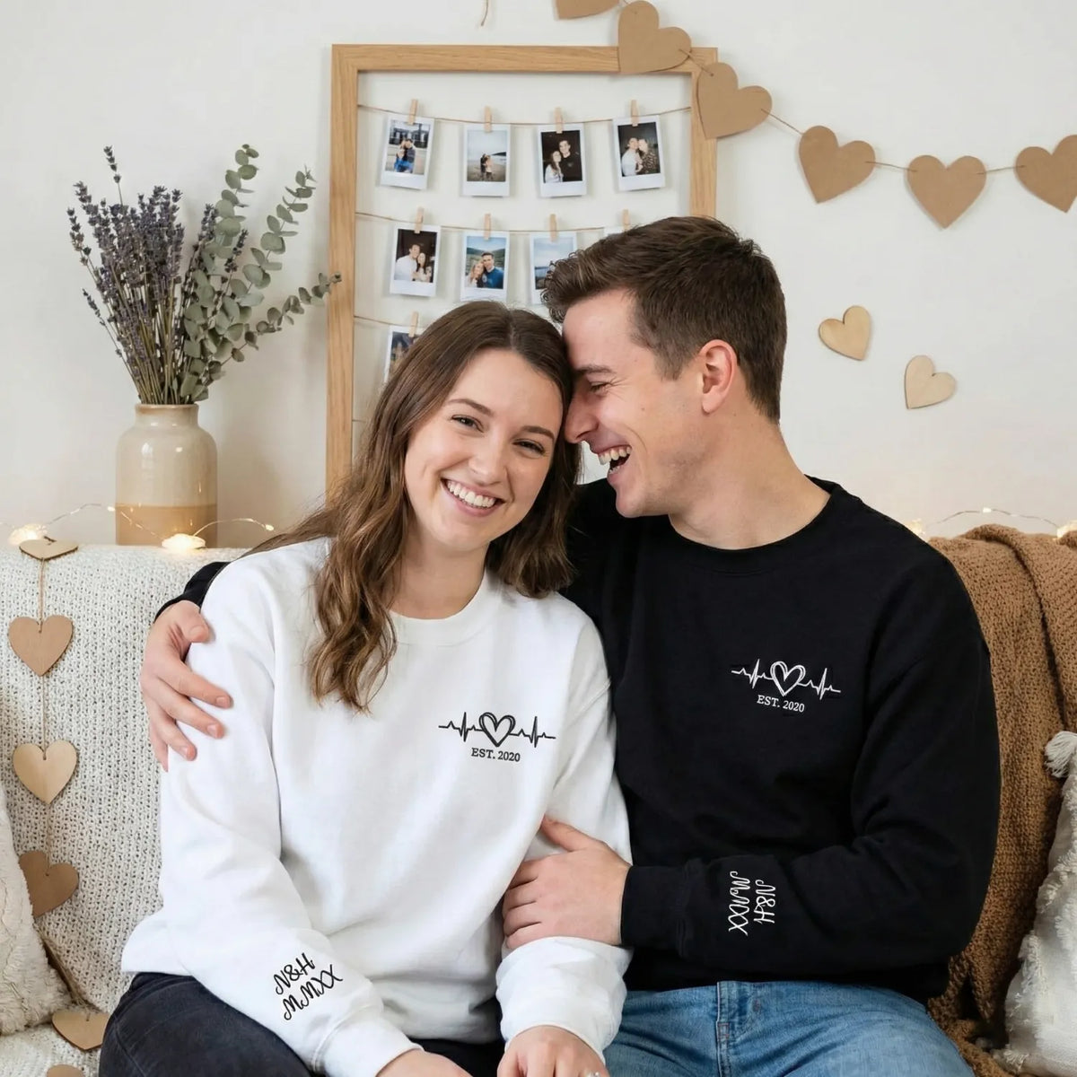 Heartbeat Hoodie or Sweatshirt, Custom Embroidered for Couples Gift with Roman Numeral, Your Photo, Est Year