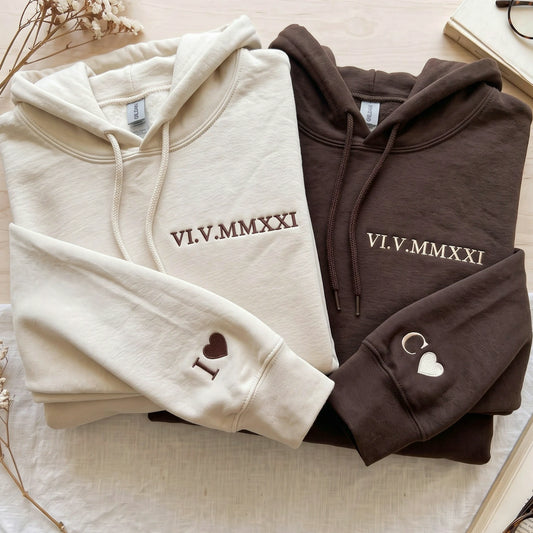 First Christmas Gift for Boyfriend - Personalized Roman Numeral Embroidered Hoodie Crewneck for Couple