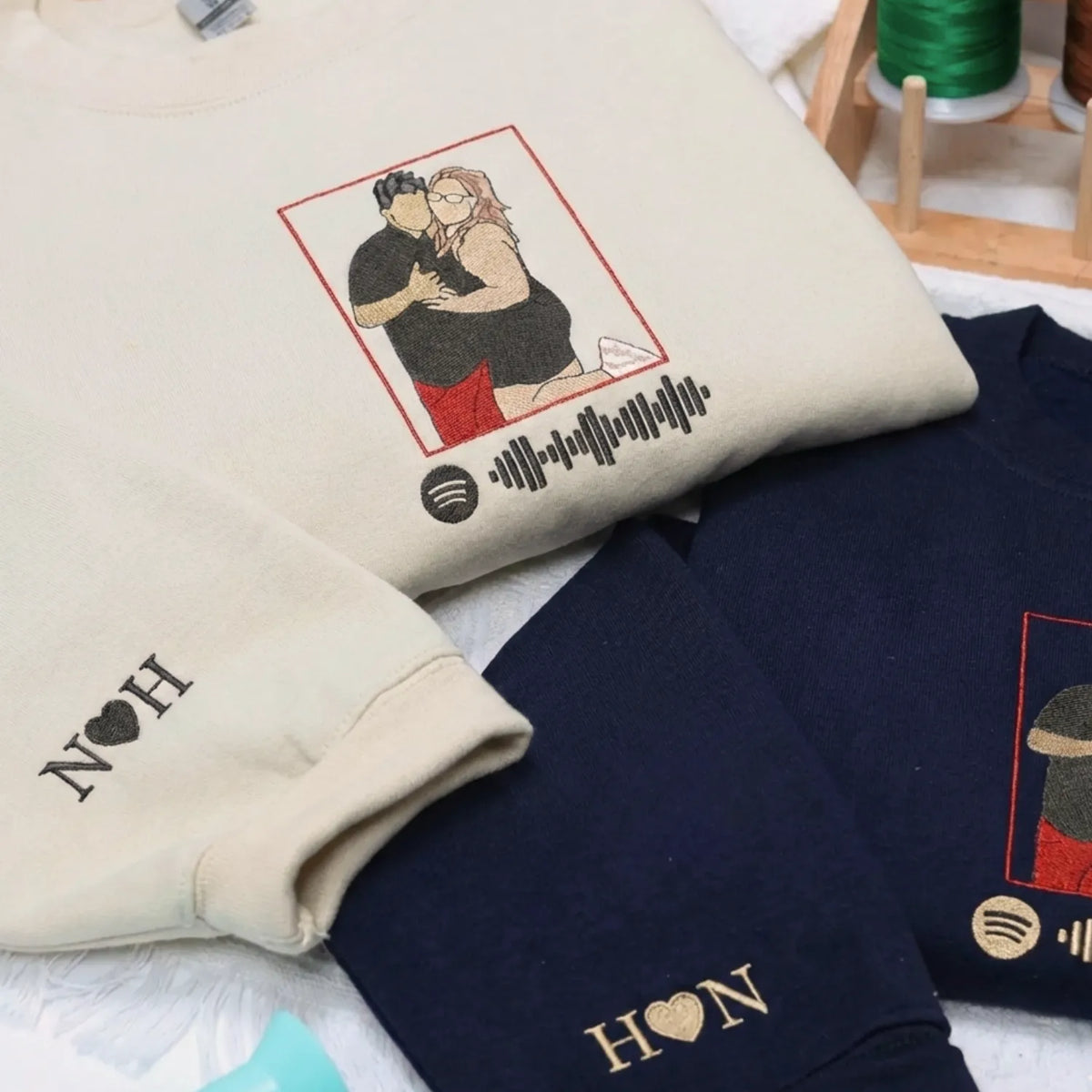 Custom Embroidered Couple Portrait Photo with Music Code Sweatshirt or Hoodie, Our Song Anniversary Gift