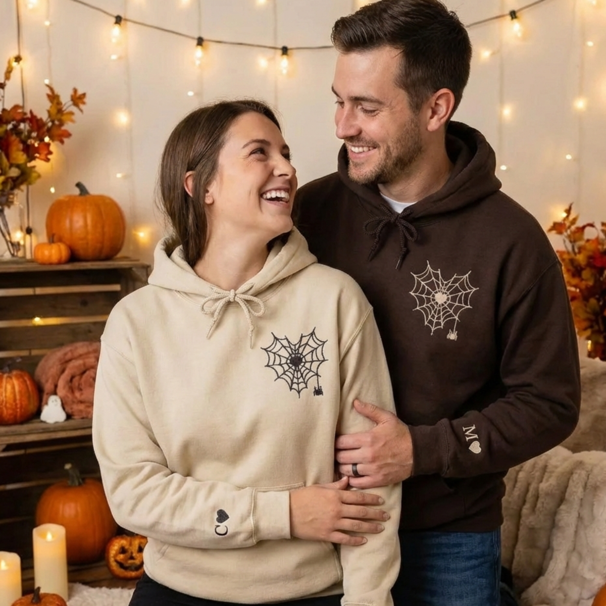 Custom Embroidered Spider Web Sweatshirt or Hoodie with Portrait on Sleeve, Matching Gifts for Couples