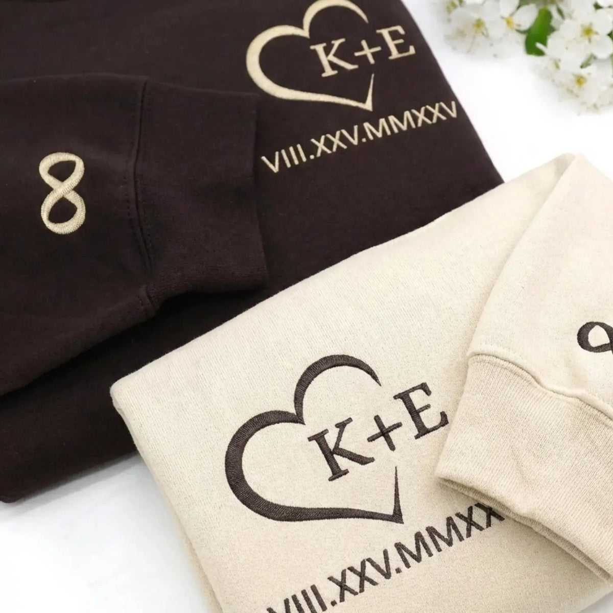 Custom Embroidered Couple Initials Monogram Heart Sweatshirt or Hoodie, 1st Anniversary Gift For Couples
