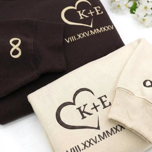 Custom Embroidered Couple Initials Monogram Heart Sweatshirt or Hoodie, 1st Anniversary Gift For Couples