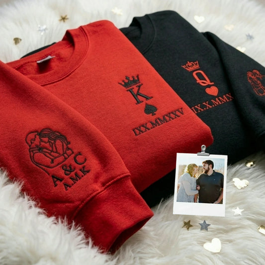 Couple embroidered sweatshirt fold with photo on sleeve