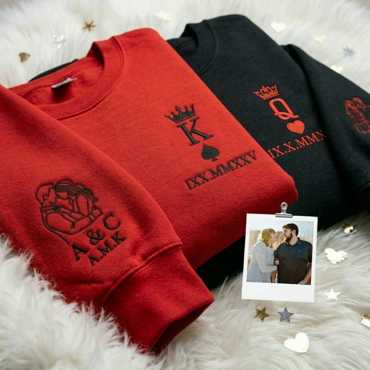 Couple embroidered sweatshirt fold with photo on sleeve