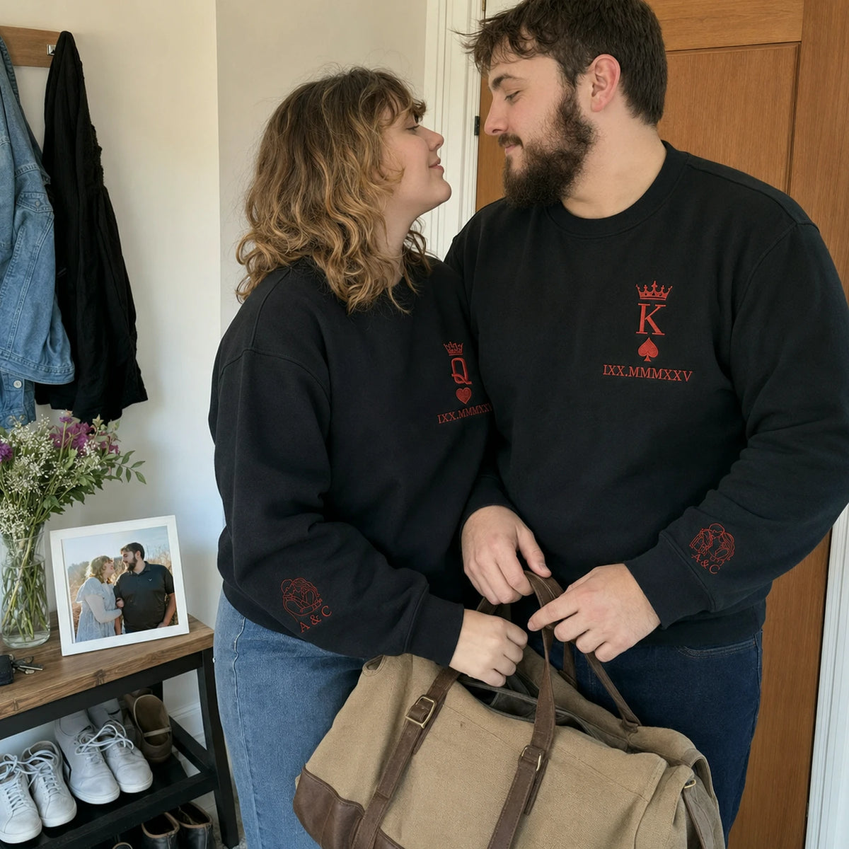 Custom Embroidered King and Queen Sweatshirts or Hoodies for Couples with Portrait, Engagement Gifts