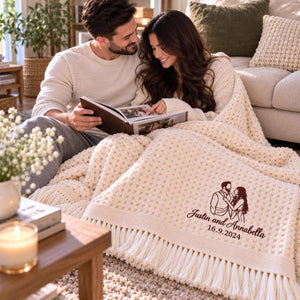 Custom Boyfriend and Girlfriend Blanket, Embroidered Line Art Portrait Quilt, Cotton Anniversary Gifts for Her