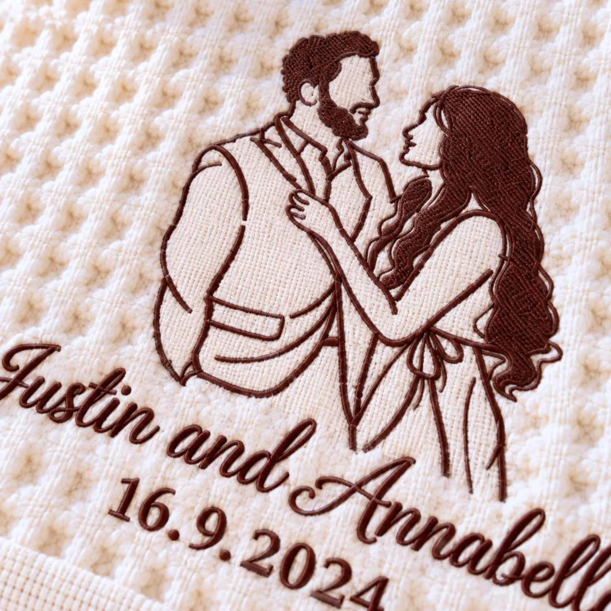 Custom Boyfriend and Girlfriend Blanket, Embroidered Line Art Portrait Quilt, Cotton Anniversary Gifts for Her
