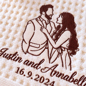 Custom Boyfriend and Girlfriend Blanket, Embroidered Line Art Portrait Quilt, Cotton Anniversary Gifts for Her