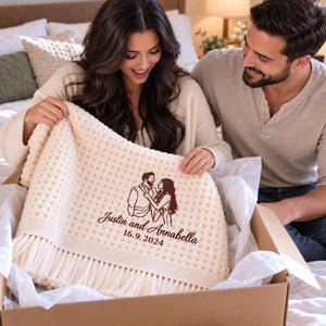 Custom Boyfriend and Girlfriend Blanket, Embroidered Line Art Portrait Quilt, Cotton Anniversary Gifts for Her
