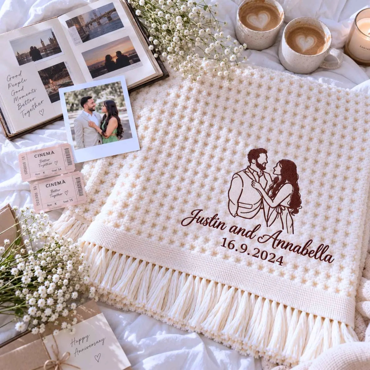 Custom Boyfriend and Girlfriend Blanket, Embroidered Line Art Portrait Quilt, Cotton Anniversary Gifts for Her