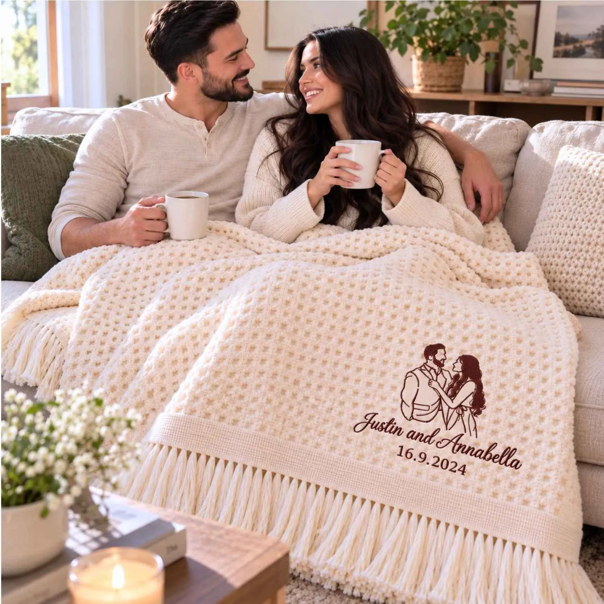 Custom Boyfriend and Girlfriend Blanket, Embroidered Line Art Portrait Quilt, Cotton Anniversary Gifts for Her