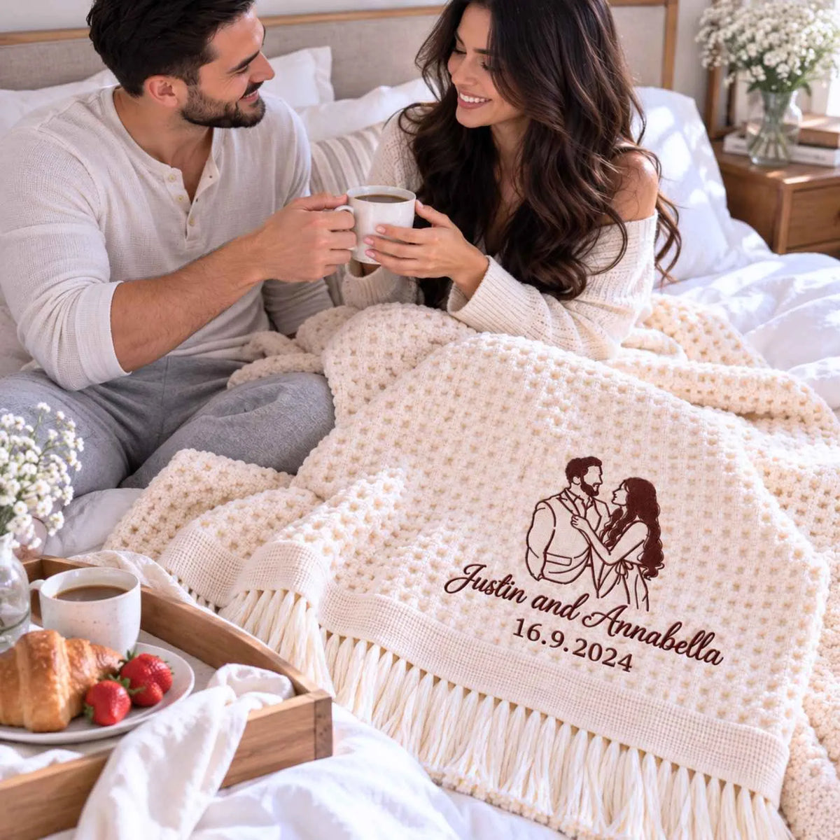Custom Boyfriend and Girlfriend Blanket, Embroidered Line Art Portrait Quilt, Cotton Anniversary Gifts for Her