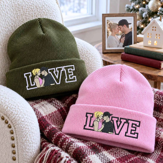 Customized couple portrait embroidered beanie hats for Christmas gift idea