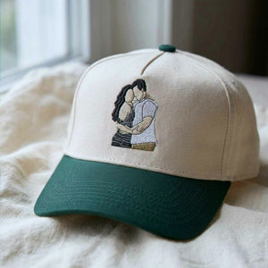 Custom Couple Portrait Snapback Hat, Embroidered Cap from Photo with Custom Text, Anniversary Gift for Husband