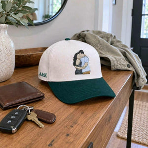 Custom Couple Portrait Snapback Hat, Embroidered Cap from Photo with Custom Text, Anniversary Gift for Husband