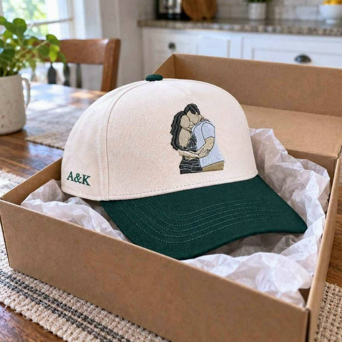 Custom Couple Portrait Snapback Hat, Embroidered Cap from Photo with Custom Text, Anniversary Gift for Husband