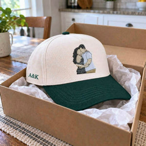 Custom Couple Portrait Snapback Hat, Embroidered Cap from Photo with Custom Text, Anniversary Gift for Husband