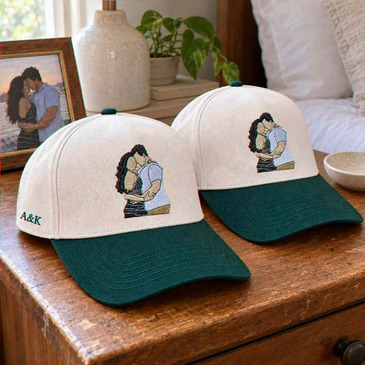 Personalized custom embroidered photo couple hats as romantic anniversary or Valentine gift idea