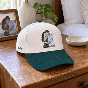 Custom Couple Portrait Snapback Hat, Embroidered Cap from Photo with Custom Text, Anniversary Gift for Husband