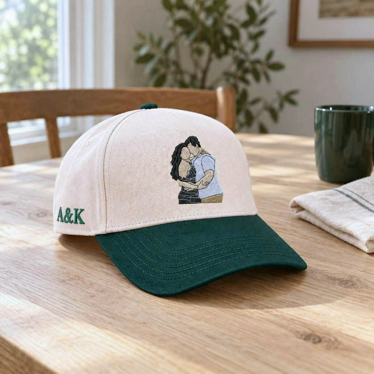 Custom Couple Portrait Snapback Hat, Embroidered Cap from Photo with Custom Text, Anniversary Gift for Husband