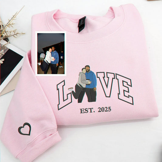 Custom Embroidered Love Valentine Portrait Photo Sweatshirt, 1st Anniversary Gift for Couple