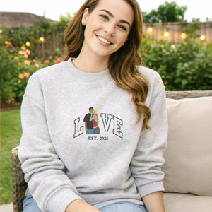 Custom Embroidered Love Valentine Portrait Photo Sweatshirt, 1st Anniversary Gift for Couple
