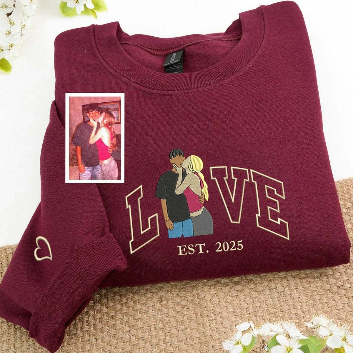 Custom Embroidered Love Valentine Portrait Photo Sweatshirt, 1st Anniversary Gift for Couple