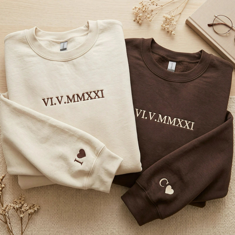First Christmas Gift for Boyfriend - Personalized Roman Numeral Embroidered Hoodie Crewneck for Couple