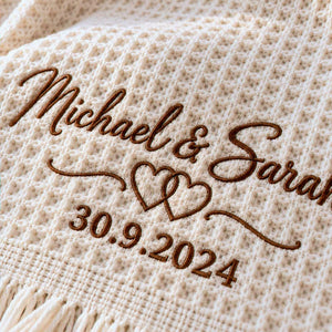 Custom Couple Names Throw Blanket, Embroidered Wedding Quilt with Names & Date, Cotton Anniversary Gifts