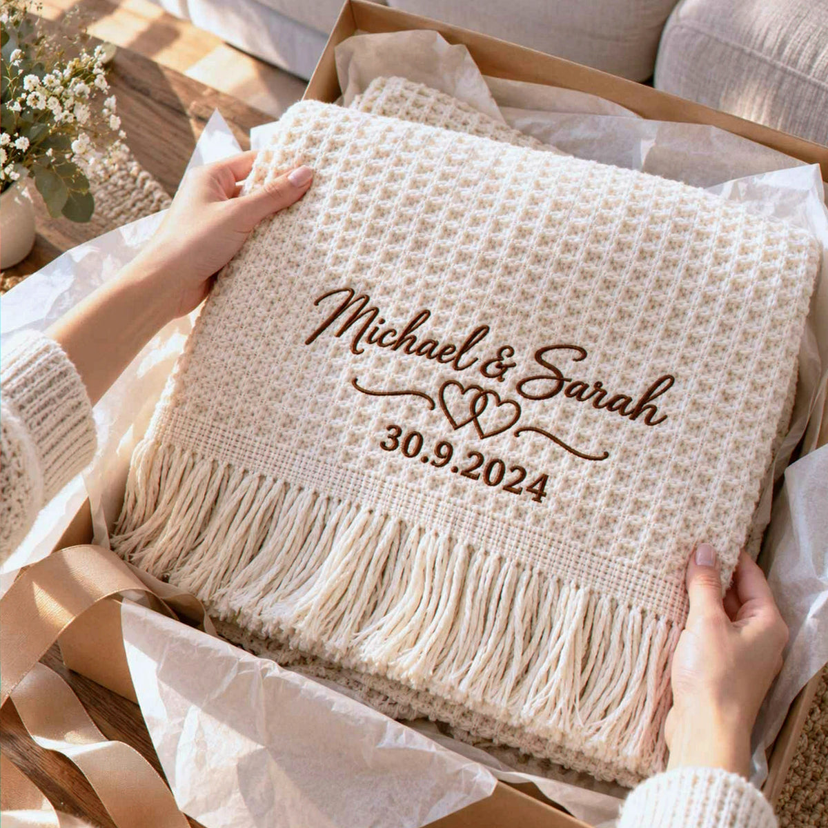 Custom Couple Names Throw Blanket, Embroidered Wedding Quilt with Names & Date, Cotton Anniversary Gifts