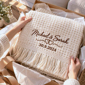 Custom Couple Names Throw Blanket, Embroidered Wedding Quilt with Names & Date, Cotton Anniversary Gifts