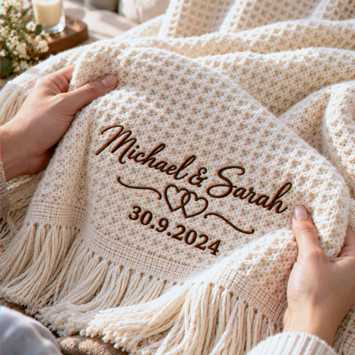 Custom Couple Names Throw Blanket, Embroidered Wedding Quilt with Names & Date, Cotton Anniversary Gifts