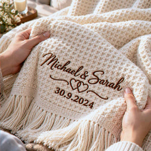 Custom Couple Names Throw Blanket, Embroidered Wedding Quilt with Names & Date, Cotton Anniversary Gifts