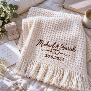 Custom Couple Names Throw Blanket, Embroidered Wedding Quilt with Names & Date, Cotton Anniversary Gifts