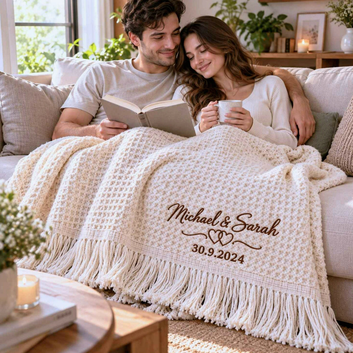 Custom Couple Names Throw Blanket, Embroidered Wedding Quilt with Names & Date, Cotton Anniversary Gifts
