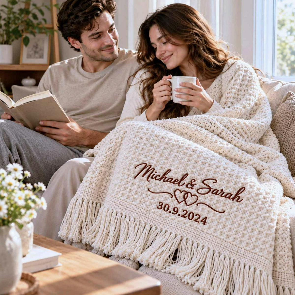 Custom Couple Names Throw Blanket, Embroidered Wedding Quilt with Names & Date, Cotton Anniversary Gifts