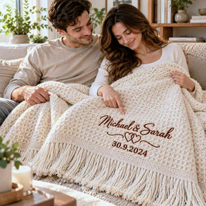 Custom Couple Names Throw Blanket, Embroidered Wedding Quilt with Names & Date, Cotton Anniversary Gifts