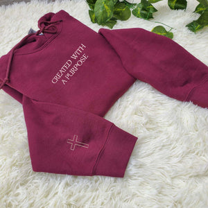 Created With A Purpose Embroidered Sweatshirt, Christian Hoodie Gift with Custom Cross on Sleeve